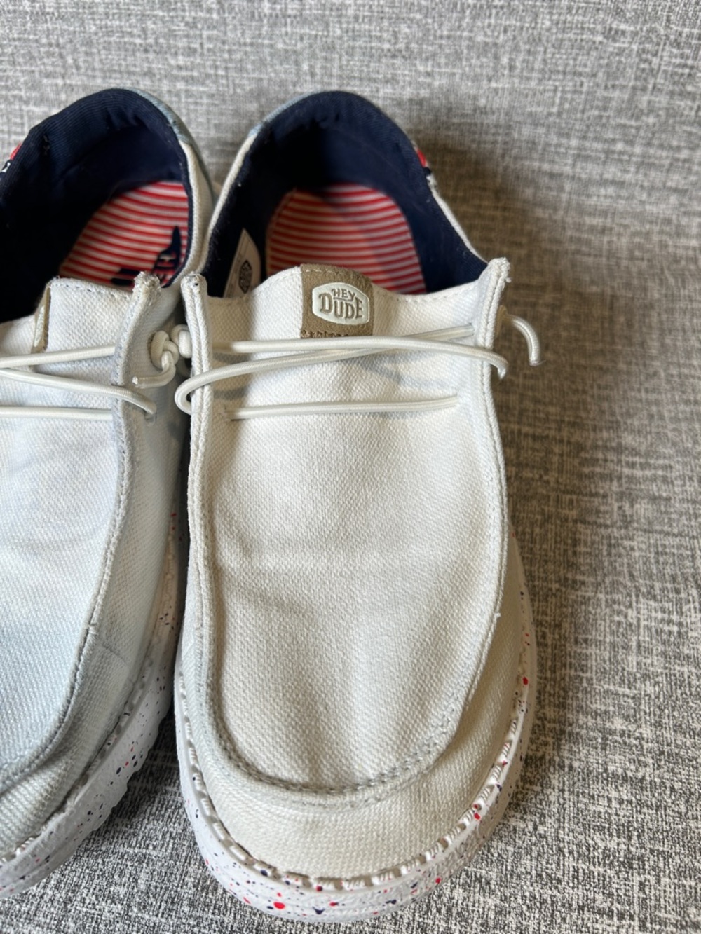 Hey Dude White Canvas Slip-On Boat Shoes with Stars & Stripes Heel size 8 womens - Picture 3 of 15
